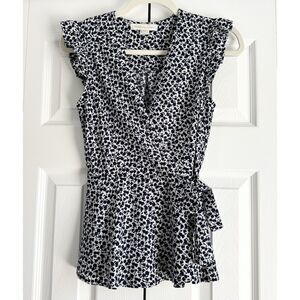 Monteau Floral Blouse Womens S Black White Ruffle Wrap Peplum Top